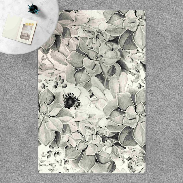 Teppich schwarz-weiß Aquarell Sukkulente mit Blüte in Schwarz Weiß