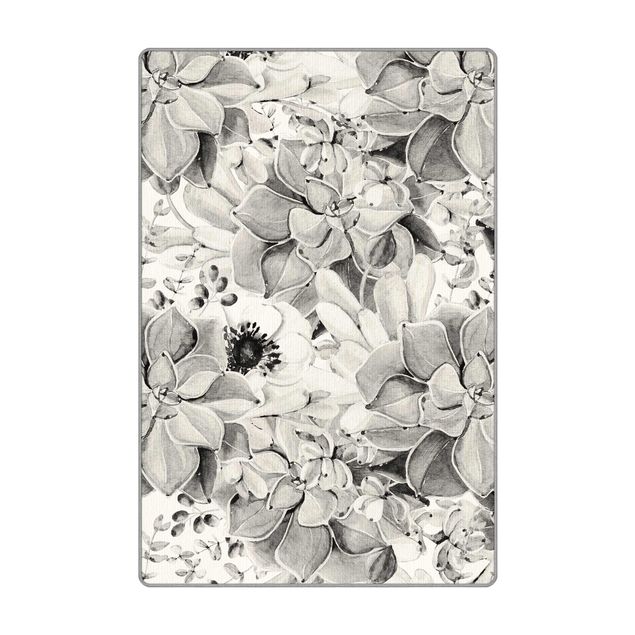 Teppich - Aquarell Sukkulente mit Blüte in Schwarz Weiß