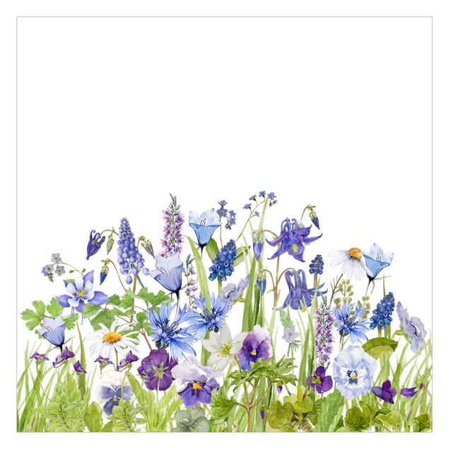 schöne Tapeten Aquarellierte Blumenwiese in Blau