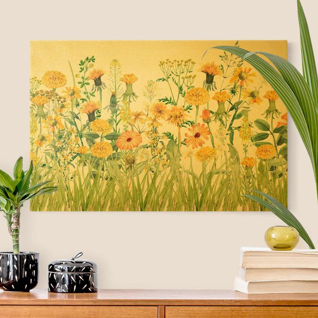 Leinwandbilder kaufen Aquarellierte Blumenwiese in Gelb