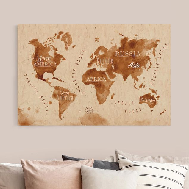 Wandbilder Aquarelloptik Weltkarte beige braun