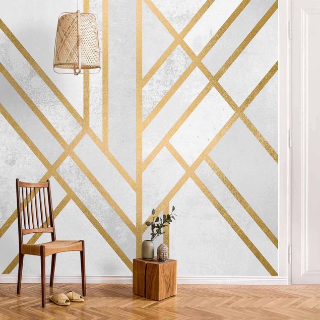 Aquarell Tapeten Art Deco Geometrie Weiß Gold