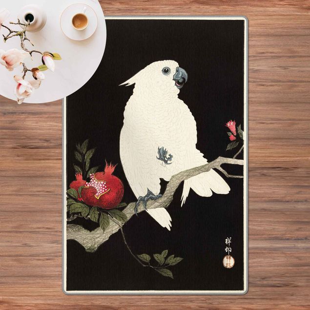 Teppich schwarz-weiß Asiatische Vintage Illustration Weißer Kakadu