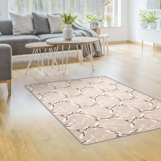 Moderner Teppich Asiatisches Muster mit Kranichen und Blüten