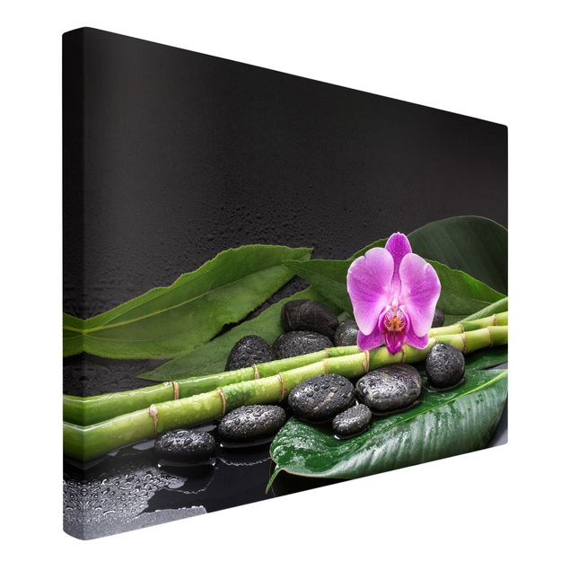 Leinwandbild - Grüner Bambus mit Orchideenblüte - Querformat 2:3