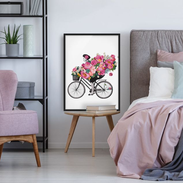 Bild mit Rahmen - Illustration Frau auf Fahrrad Collage bunte Blumen - Hochformat 4:3