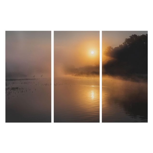schöne Leinwandbilder Sonnenaufgang am See mit Rehen im Nebel