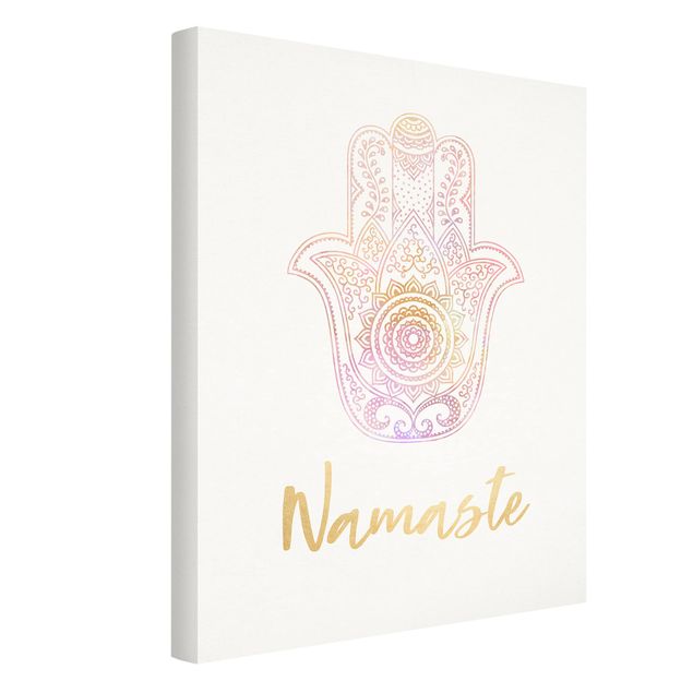 Leinwandbild - Hamsa Hand Illustration Namaste gold rosa - Hochformat 4:3
