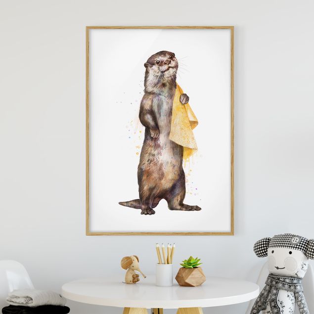 Moderne Bilder mit Rahmen Illustration Otter mit Handtuch Malerei Weiß