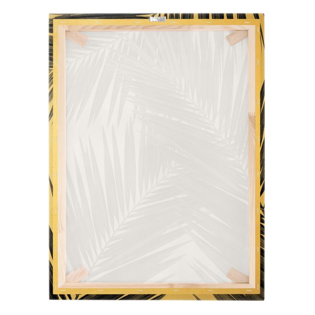 Leinwandbild Gold - Blick durch Palmenblätter schwarz weiß - Hochformat 3:4