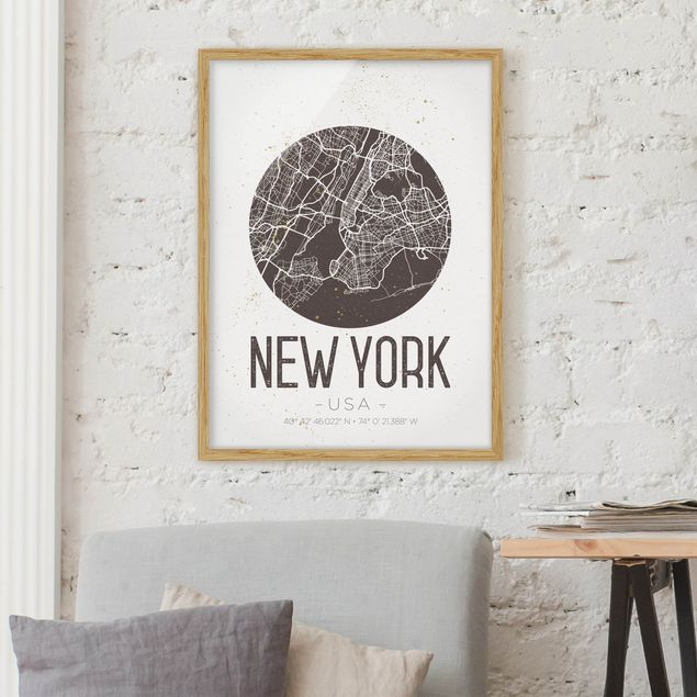 Moderne Bilder mit Rahmen Stadtplan New York - Retro