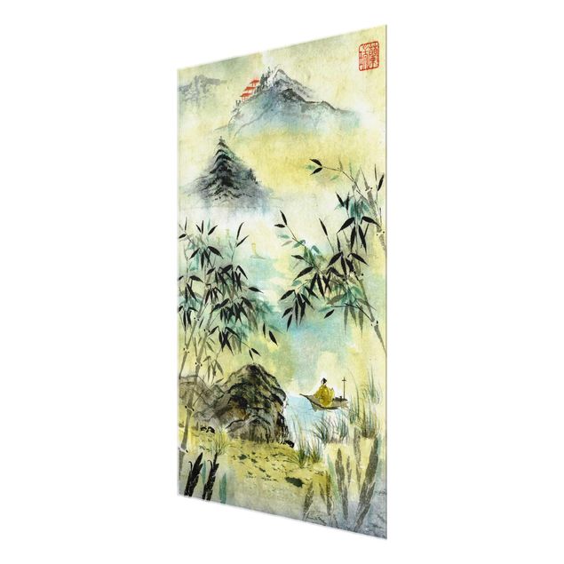 Glasbild - Japanische Aquarell Zeichnung Bambuswald - Hochformat 3:2