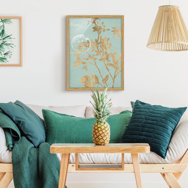Moderne Bilder mit Rahmen Goldene Blätter auf Turquoise II