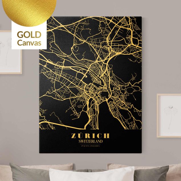 Leinwandbild Gold - Stadtplan Zürich - Klassik Schwarz - Hochformat 3:4