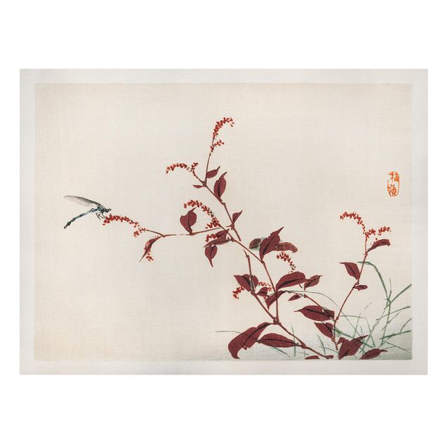 schöne Leinwandbilder Asiatische Vintage Zeichnung Roter Zweig mit Libelle
