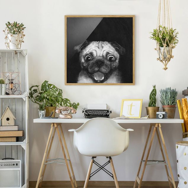 Moderne Bilder mit Rahmen Illustration Hund Mops Malerei auf Schwarz Weiß