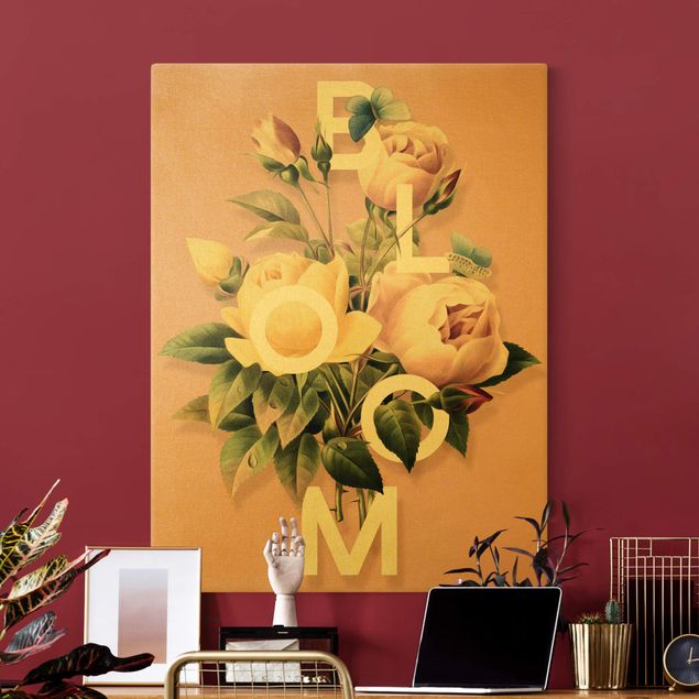 Leinwandbild Gold - Florale Typografie - Bloom - Hochformat 3:4