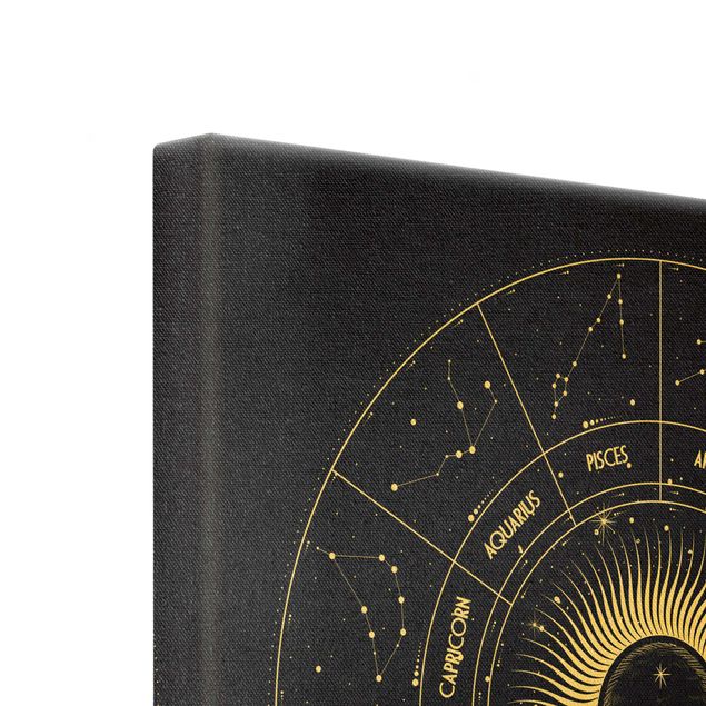 Leinwandbild Gold - Astrologie Sternzeichen im Sonnenkreis Schwarz - Quadrat