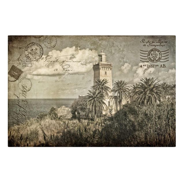 Leinwandbild - Vintage Postkarte mit Leuchtturm und Palmen - Querformat 2:3