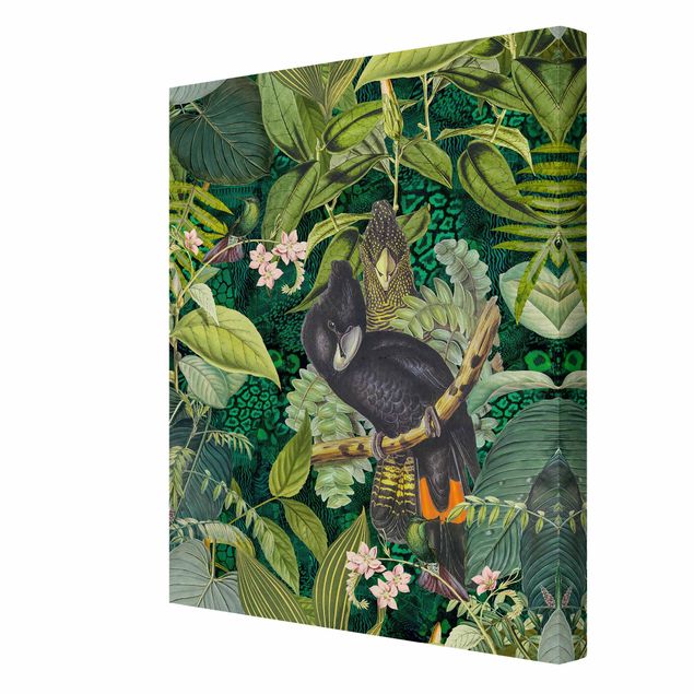 Leinwandbild - Bunte Collage - Kakadus im Dschungel - Hochformat 4:3