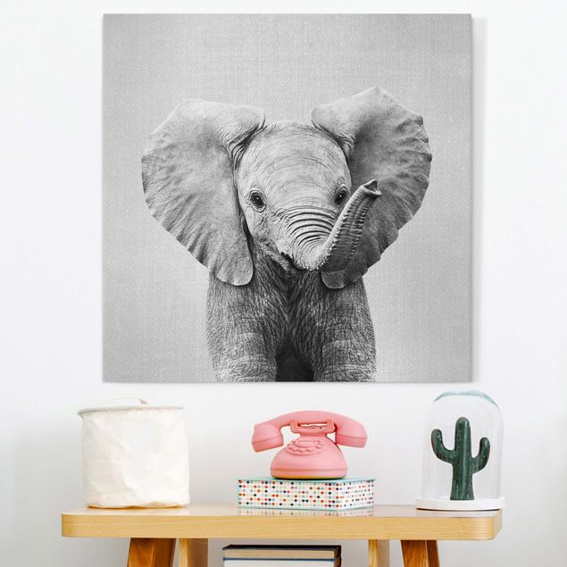 Leinwandbild Elefant Baby Elefant Elsa Schwarz Weiß