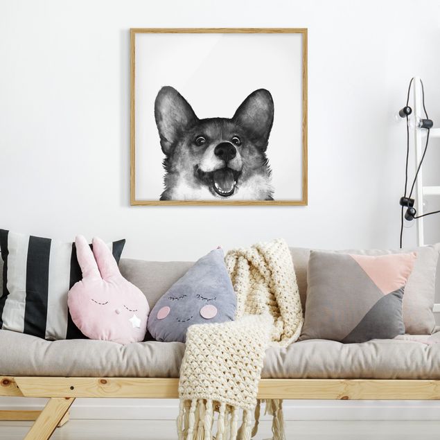 Tiere Bilder mit Rahmen Illustration Hund Corgi Weiß Schwarz Malerei