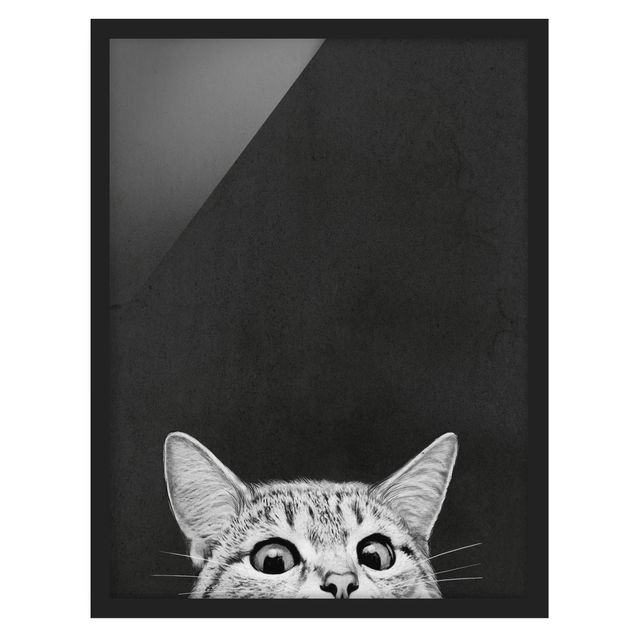 Bild mit Rahmen - Illustration Katze Schwarz Weiß Zeichnung - Hochformat 4:3