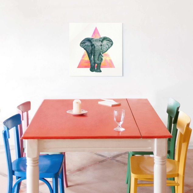 Glasbild - Illustration Elefant vor Dreieck Malerei - Quadrat 1:1