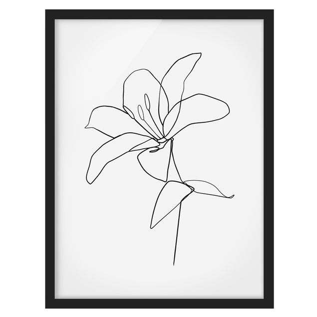 Bild mit Rahmen - Line Art Blüte Schwarz Weiß - Hochformat 4:3