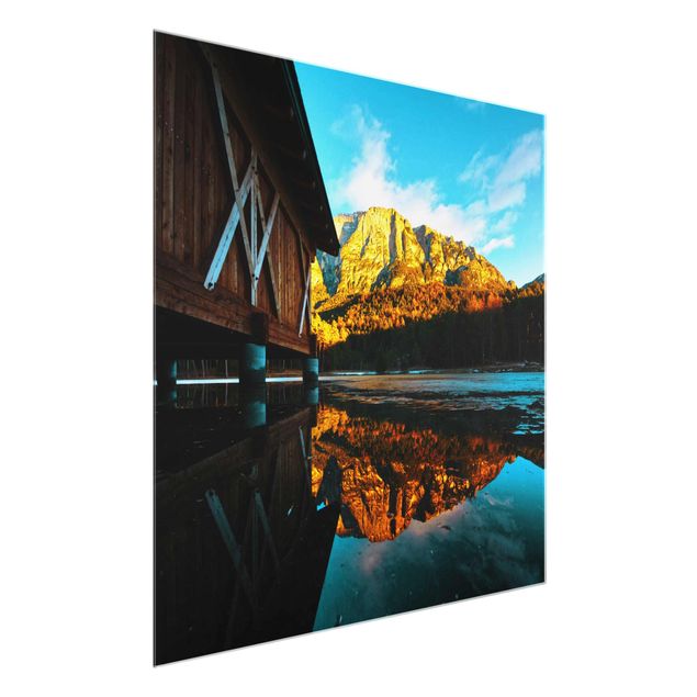 Glasbild - Bergspiegelung in den Dolomiten - Quadrat