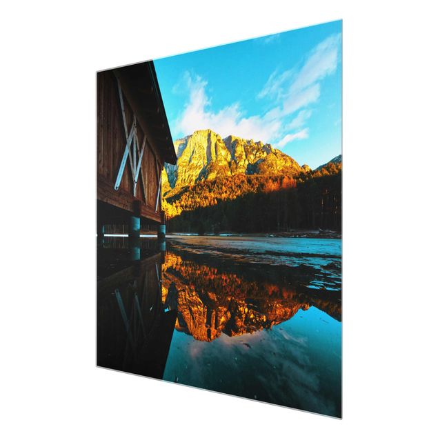 Glasbild - Bergspiegelung in den Dolomiten - Quadrat