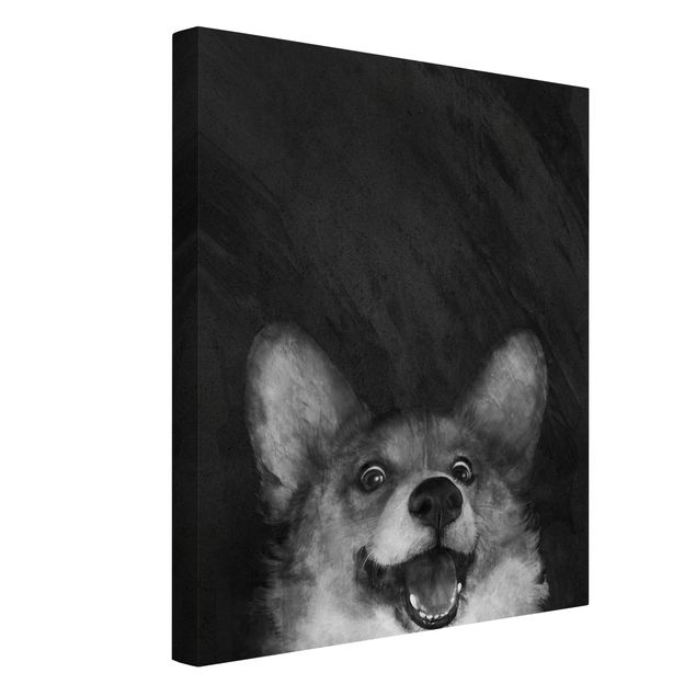 Tierbilder Leinwand Illustration Hund Corgi Malerei Schwarz Weiß