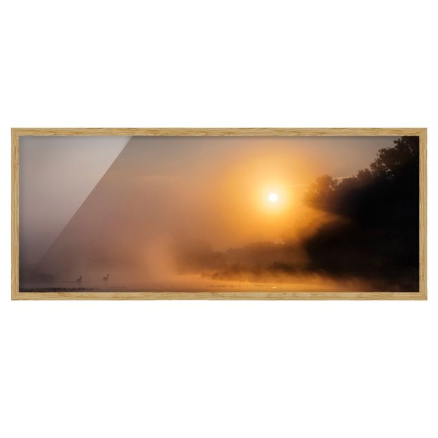 schöne Bilder Sonnenaufgang am See mit Rehen im Nebel