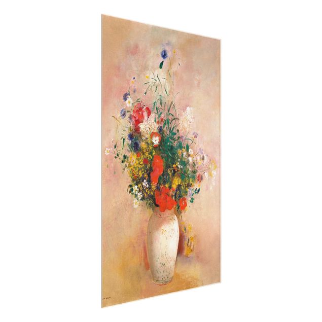 Glasbild - Odilon Redon - Vase mit Blumen (rosenfarbener Hintergrund) - Hochformat 3:2