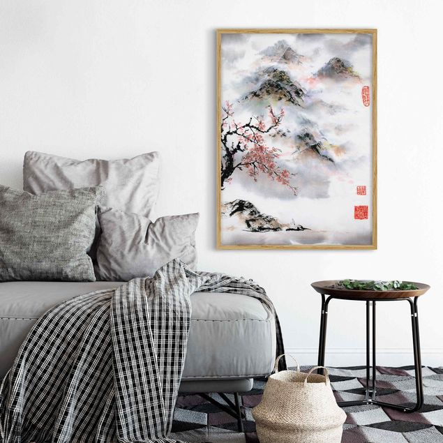 Natur Bilder mit Rahmen Japanische Aquarell Zeichnung Kirschbaum und Berge