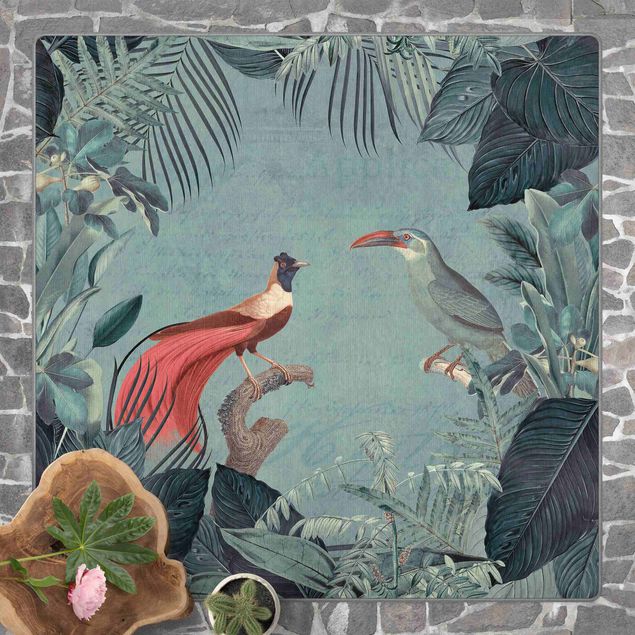 Teppich Dschungel Blaugraues Paradies mit tropischen Vögeln