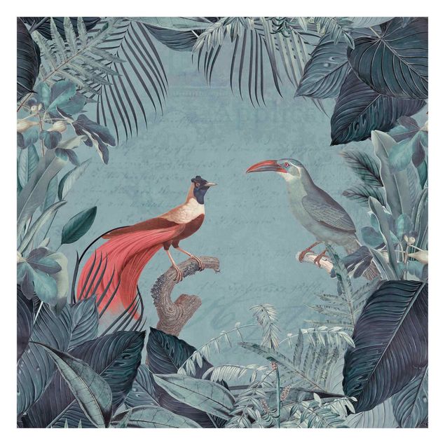 schöne Tapeten Blaugraues Paradies mit tropischen Vögeln