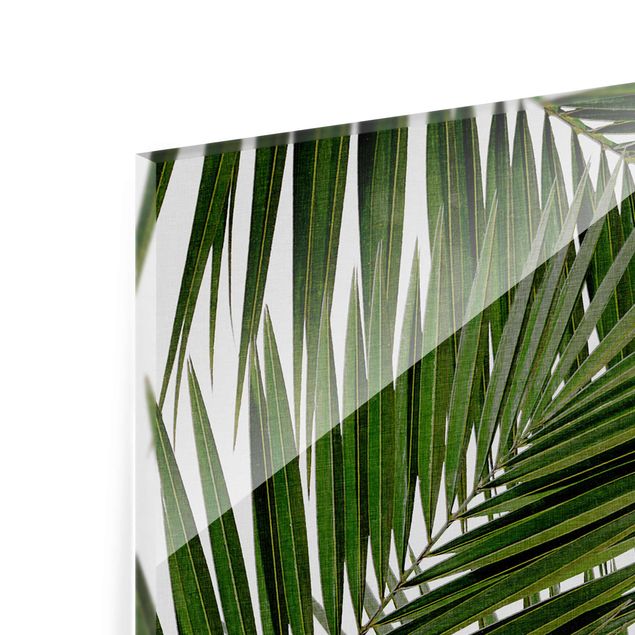 Glasbild - Blick durch grüne Palmenblätter - Hochformat