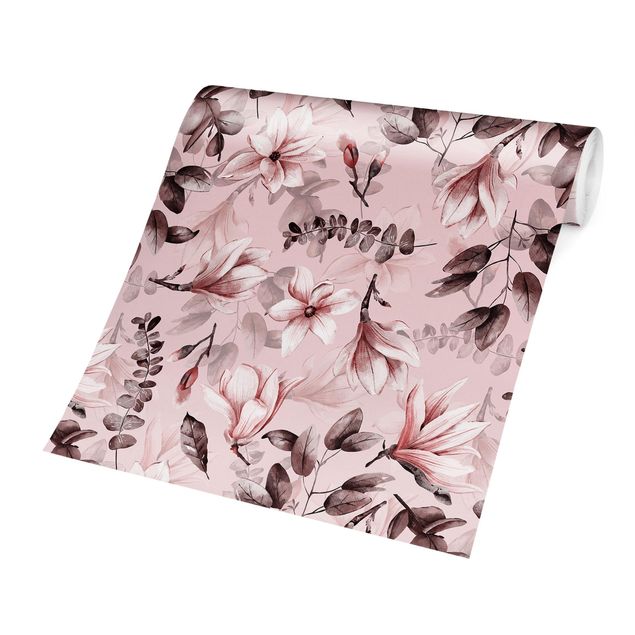Design Tapeten Blüten mit Grauen Blättern vor Rosa