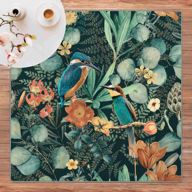 Teppich Dschungel Blumenparadies Eisvogel und Kolibri
