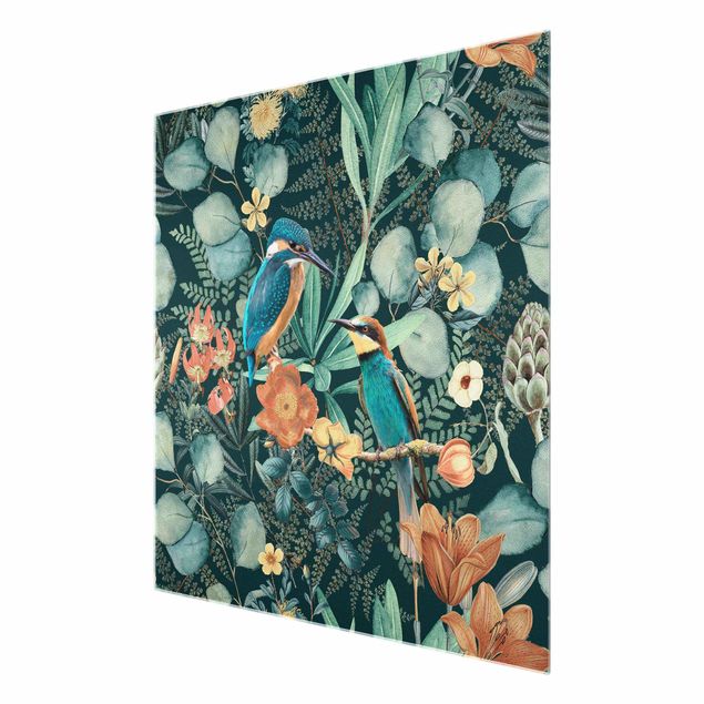 Glasbild - Blumenparadies Eisvogel und Kolibri - Quadrat