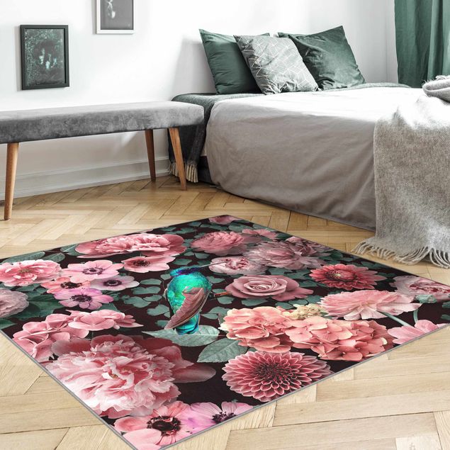 grosser Teppich Blumenparadies Kolibri mit Rosen