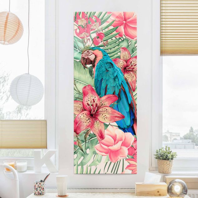 XXL Glasbilder Blumenparadies tropischer Papagei