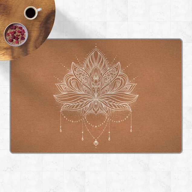 Mandala Teppich Boho Lotusblüte weiß Korkoptik