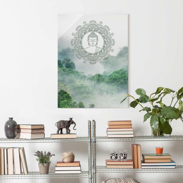 Glasbild - Buddha Mandala im Nebel - Hochformat