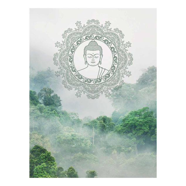 Glasbild - Buddha Mandala im Nebel - Hochformat