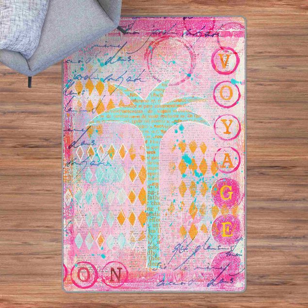 Teppich pink Bunte Collage - Bon Voyage mit Palme