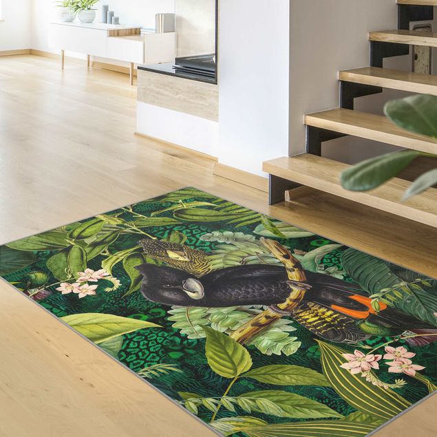 Moderner Teppich Bunte Collage - Kakadus im Dschungel