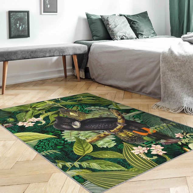 Teppich grün Bunte Collage - Kakadus im Dschungel