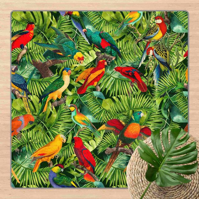 Teppich Blumenmuster Bunte Collage - Papageien im Dschungel
